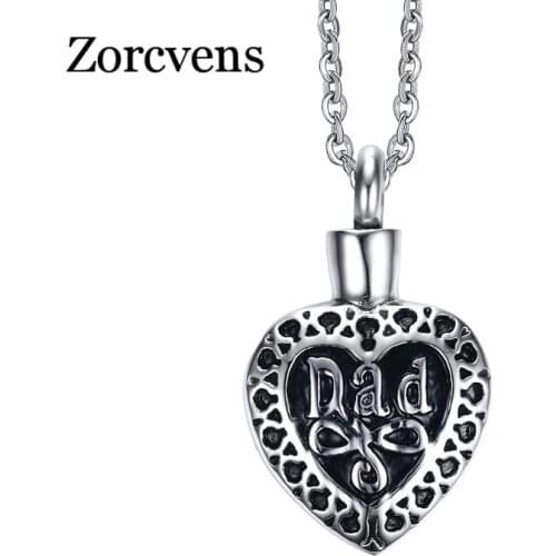 ZORCVENS Dad Memorial Cremation Ashes Urn Heart Pendant For Women Men Necklace Stainless Steel Unisex Jewelry