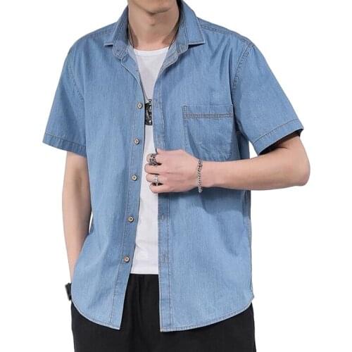 2021 Mens Short-sleeved Shirt Cotton Youth Slim Casual Denim Shirt Fashion Men Denim Shirt Single Breasted Denim Cotton Shirts