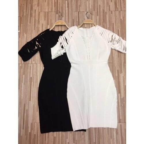 Fashion Dress for Womans Summer Dress Clothing 2018 New White Black Rayon Party Bandage Dress Hollow Out Strips Neck V Dress