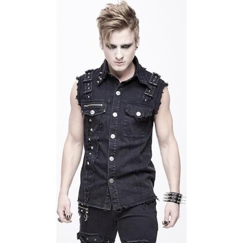 Steampunk Punk Black Vest Men Jacket Rivets Pockets Sleeveless Jacket Turn Down Collar Waistcoat