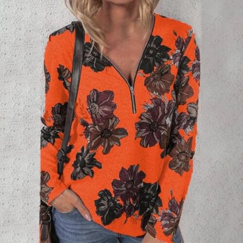 2021 Autumn and Winter New Fashion Womens Clothing V Neck Zipper Pullover Printing Long-sleeved Loose T-Shirt Womens Top