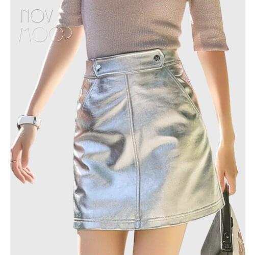 Novmoop high street fashion style women summer A-line silver glossy patent sheepskin genuine leather skirt jupe en cuir LT3134