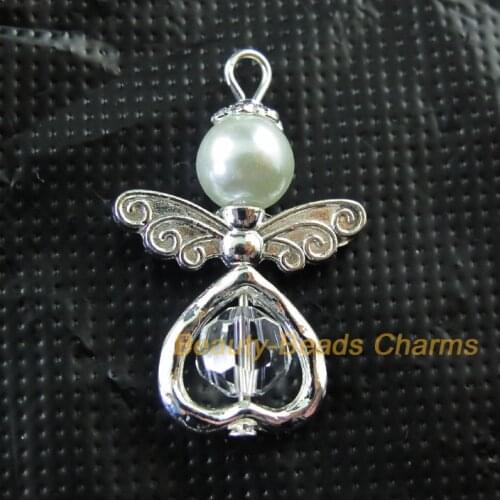 New 8Pcs Silver Plated Wings Heart Dancing White Angel Charms Pendants 21.5x33mm