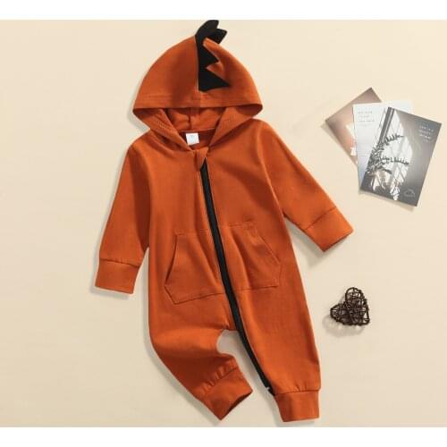 Newborn Solid Color Dinosaur Jumpsuit, Baby Girls Boys Hooded Long Sleeve Zipper Romper With Pockets 2021 New Fashion