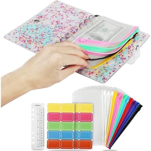 16PCS A6 Budget Binder with Colored Sequins & 12 Zipper Pockets Envelopes & 2 Label Stickers & Ruler for Cash Bill Card Storage