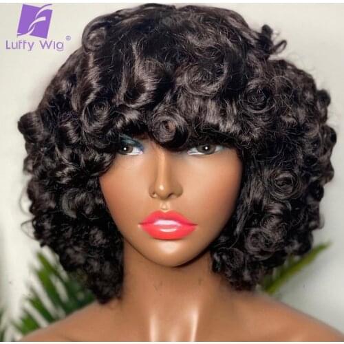 Short Funmi Curly Hair Wigs With Bangs Brazilian Remy Human Hair Bouncy Curly O Scalp Top Wig Glueless For Black Women Luffywig