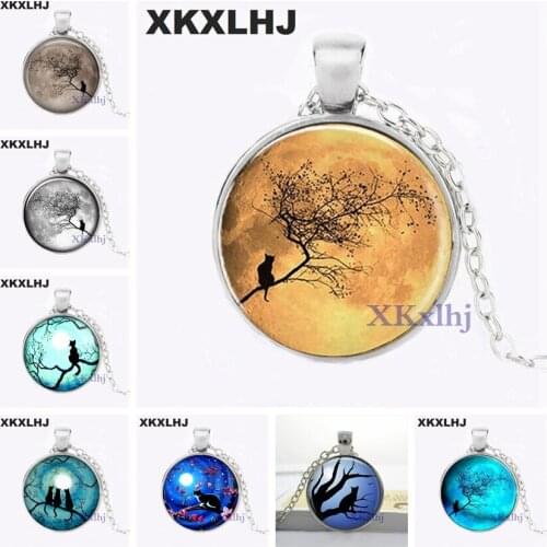 XKXLHJ Pendant Glass Cabochon Blue Moon and Cat Glass Necklace Galaxy Pendant Round Glass Necklace Tree Pendant