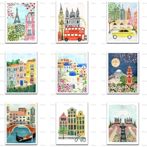 Travel Inspired Posters Italy Santorini Greece Lisbon Paris Nyc Venice Kyoto Amsterdam London Painting Wall Room Decor Prints