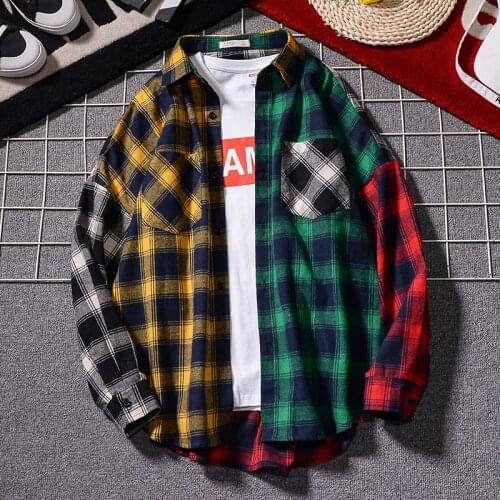 Patchwork Contrast Color Hip-Hop Personality Plaid Long Sleeve Shirt Men Fashion Streetwear Couple Unique Thin Jackets Coats