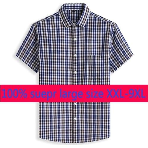 New High Quality Super Large Short Sleeve Men Cotton Plaid Loose Casual Summer Fashion Casual Shirts Plus Size 2XL-7XL 8XL 9XL