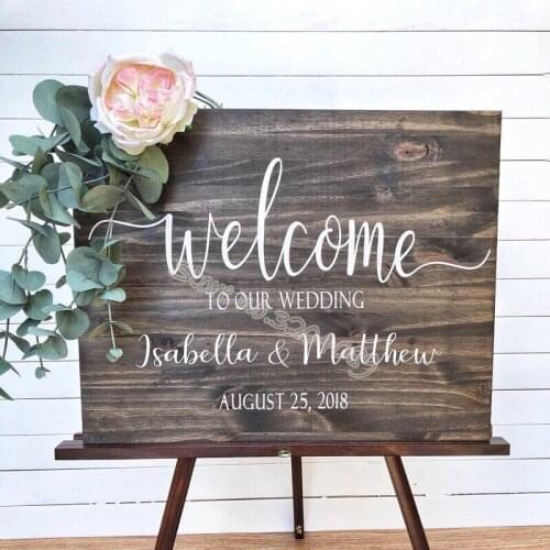 Wedding wood board Sticker Welcome To Our WEDDING Bride and groom Custom Names date Welcome Reception Sign decor decal EB320