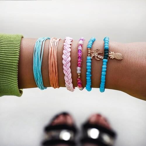 Tocona Bohemian Colored Beads Rope Bracelet Set Vintage Gold Pendant Bracelet Set for Women Beach Jewelry Accessories 8326