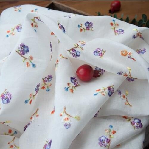 High end pure ramie fabric Colorful flower embroidery tissu Spring and autumn fashion dress shirt fabrics