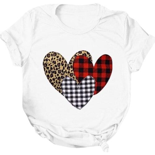 Women Large Size Valentine Day T-shirt Solid Color Three Hearts Printing Short Sleeve Loose Round Neck Comfortable Lady T-shirt