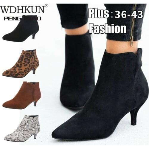 WDHKUN Women Suede Ankle Boot Mid Stiletto Heel Side Zip Pointed Toe Party Work Outdoor Shoe Fine Heel Leopard Print Fashion