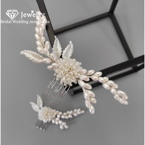 CC Women Hair Comb Wedding Accessories Bridal Headdress Engagement Jewelry 100% Handmade Leaf Shape Pearl Combs 2 PCS Gift 8289