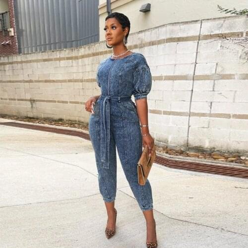 RMSFE 2021 Womens Short Sleeve Round Neck Digital Denim Printed Lace Up Fashion Casual Jumpsuit