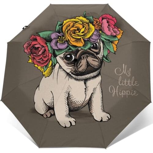 Sunny Umbrella Pug Dog With Flower Crown Automatic folding portable men women umbrella Sunscreen rain Windproof beach parasol