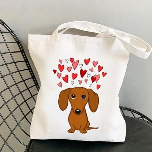 2021 Shopper Dachshund with Hearts Printed Kawaii Bag Harajuku women Shopping Bag Canvas girl handbag Tote Bag Shoulder Lady Bag