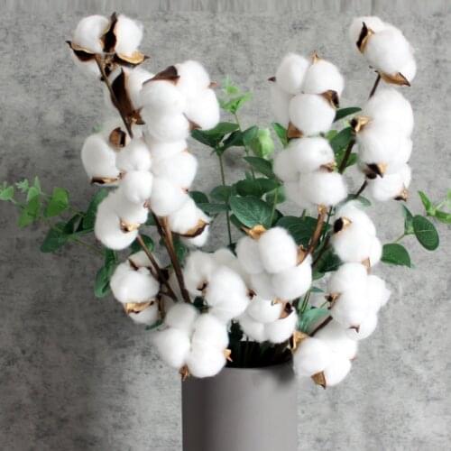 4 Head Naturally Dried Cotton Flower Branch With Green Artificial Eucalyptus Leaves For Retro Wedding Wreath Home Garden Decor
