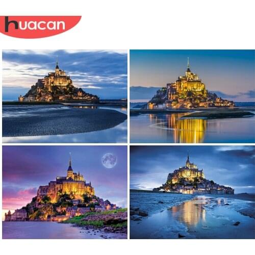 HUACAN Diamond Embroidery Cross Stitch Castle Landscape Diamond Painting Seaside Full Drill Square Mosaic Night Decor For Home
