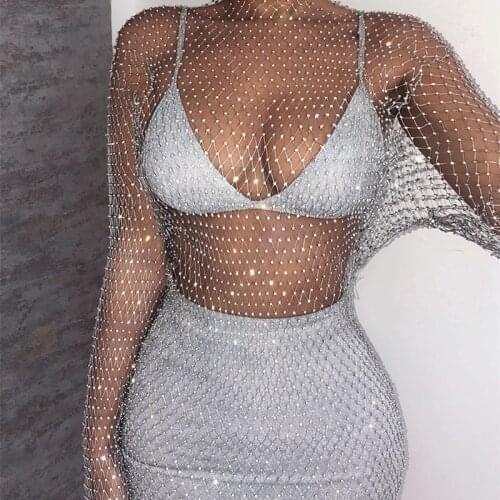 Amphiaraus Crystal Diamond Fishnet Sexy Bodycon Dress Women Hollow Out Rhinestone Mini Dress Summer Beach Party Dresses Vestidos