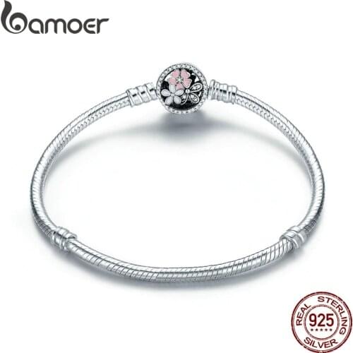 BAMOER Authentic 925 Sterling Silver Poetic Daisy Cherry Blossom Mixed Enamels & Clear CZ Snake Chain Bracelet Jewelry PAS919