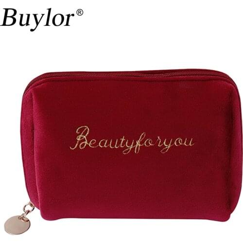 Buylor Women Zipper Velvet Make Up Bag Travel Small Cosmetic Bag High capacity Solid Color Female Pouch Necessaries Ladies bags