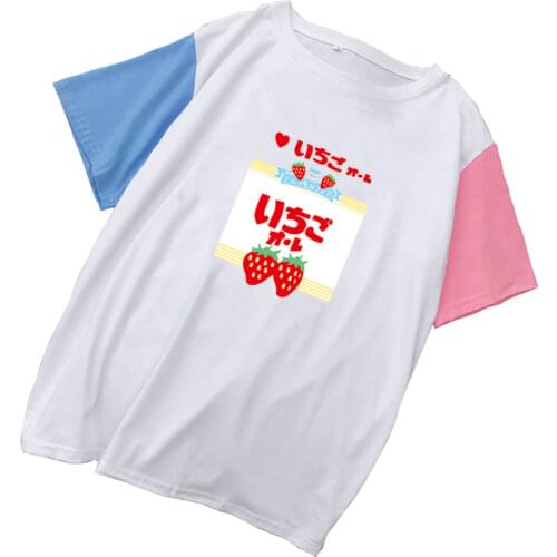 Summer Women Casual T Shirt Funny Kawaii Strawberry Tops Tee Fashion Harajuku Streetwear Cartoon Print Hit Color Splicing Tshirt