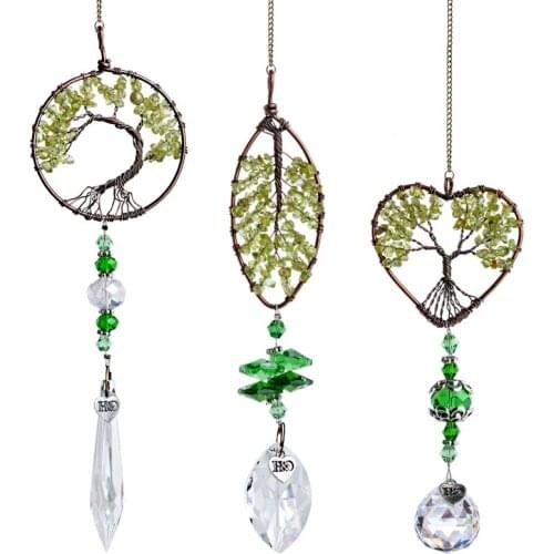H&D Set 3pcs Green Tree of Life Crystal Suncatcher Rainbow Maker Hanging Pendant for Window/Garden/Car Souvenir Collectible Gift