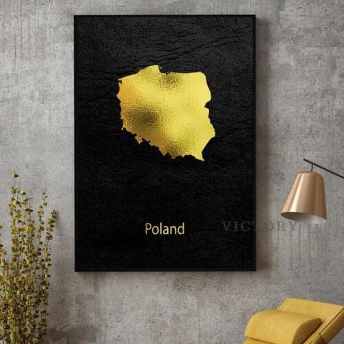 Poland Map Art Canvas Painting Golden Wall Art Pictures Prints Home Decor Wall Poster Decoration for Living Room