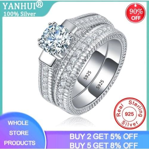 2Pcs/Set Natural 925 Solid Silver Double Rings Set Engagement Token Gift Cubic Zirconia Rings For Women Party Wedding Jewelry