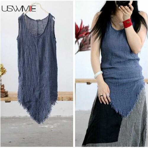 Summer Retro Brief Solid Color Flax Irregular Hem Tassel O-neck Sleeveless Comfort Breathable Thin Section Long Section Vest