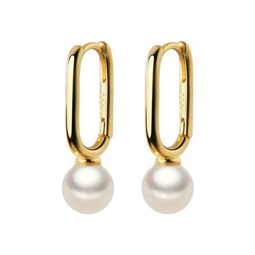 Small Cute Authentic Real. 925 Sterling Silver jewelry Smooth Oval &Shell Pearl hoop huggie earrings C-G8590