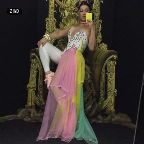 Colorful Rhinestones Bodysuit Leggings Costume Female Singer Stage Wear Mash Dance nightclub bar Party Stretch Jumpsuit Outfit