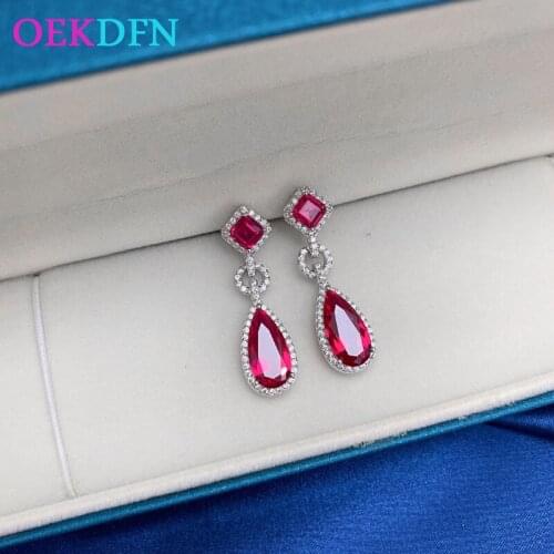 OEKDFN 100% 925 Sterling Silver Drop Earrings Pear Created Moissanite Ruby Gemstone Dangle Hook Engagement Wedding Fine Jewelry