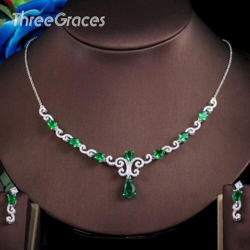 ThreeGrace Luxury Shiny Green CZ Big Necklace Earrings Dangle Drop Bridal Women Wedding Party Dress Retro Jewelry Sets TZ544