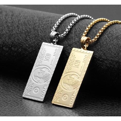 Nightclub Dollars Sign Franklin Head Pendant Neckalce Charm Stainless Steel Necklace Men Hip Hop Casino Fortune Playing Jewelry
