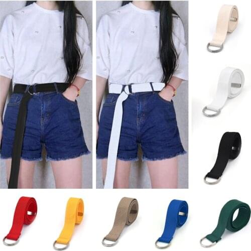 2021 Unisex Canvas Solid Color Belts D Ring Double Buckle Waist Strap Women Men Teenager Long Wide Belt