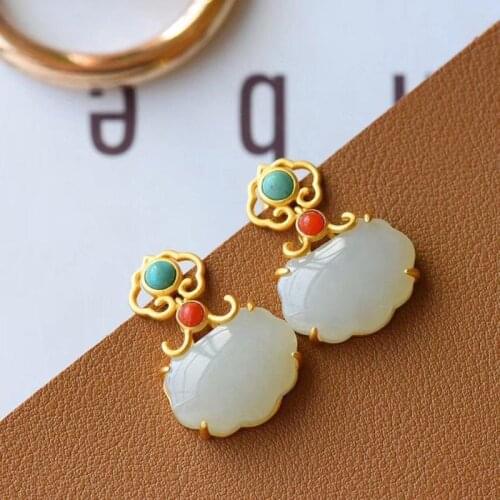 Natural Hetian Jade White Jade Ruyi Ear Stud Earring Turquoise South Red Silver Popular Retro Style Niche Fairy Jewelry
