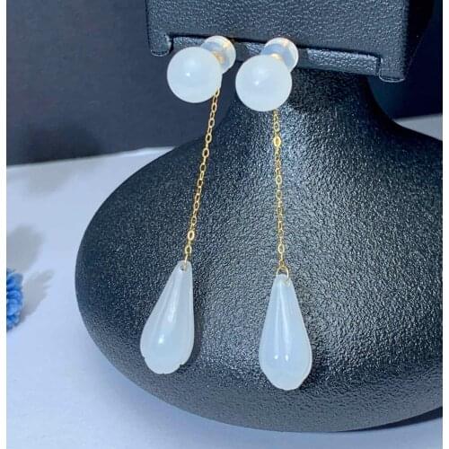 SHILOVEM 18k yellow gold real Natural white Jasper drop earring classic fine Jewelry women wedding gift 8*17mm myme0817994hby