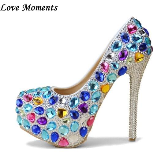 Love Moments Blue rhinestone bridal shoes women ultra high heels platform shoes round toe shallow mouth performance shoes