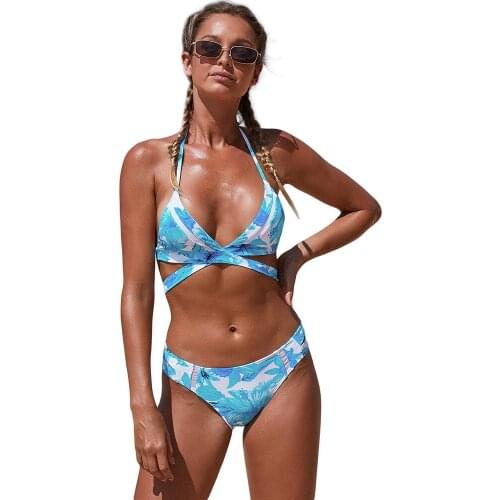 Blue Halter Criss Cross Bikini Set V-neck Swimsuit Women Wire Free Padded But Removable Beach Bathing Suit Two Piece Swimwear