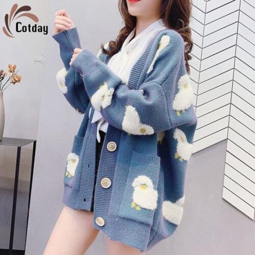 Cotday Knitted V Neck Women Loose Casual Girls Pockets Blue Cute Cultivate Ones Morality Sheep Spring Outwear Cardigan Sweater