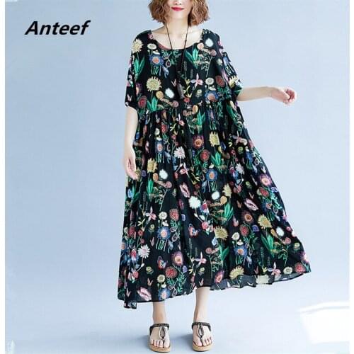 Cotton linen vintage floral plus size women casual loose long summer dress elegant clothes 2021 ladies dresses sundress