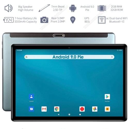 10 inch Android 9.0 tablet Google play 3G Cell Phone tablet 32GB eMMC 2.5D Glass 1280x800 HD Screen Wifi GPS Bluetooth Netflix