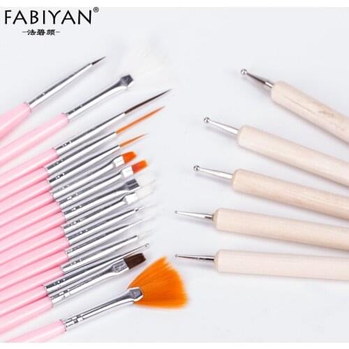 15pcs+5pcs/Set 2 Ways Nail Art Dotting Pen Pink Painting Drawing Brush Wooden Liner Fan Flat Rhinestones Design Manicure Tools