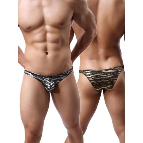2PCS Mens Micro Bikini Briefs Mini Leopard Underwear Sexy Thongs Mini U Convex Gold Silver Underpants Male Bulge Pouch Shorts