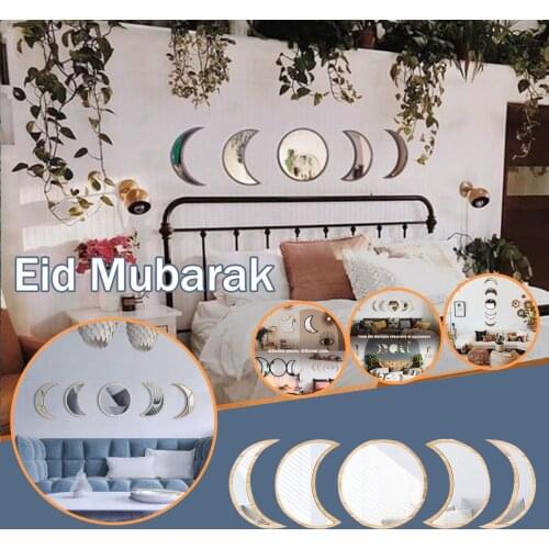 5x Nordic Style Eid Mubarak Removable Acrylic Mirror Wooden Moon Cycle Change Lunar Eclipse Decorative Mirror Bohemian Mirror