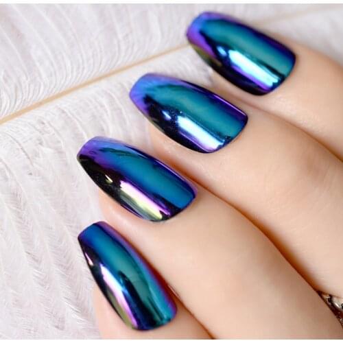 Ballerina Coffin Nails Tips Mirror Chrome Reflection False Nail Magic Mirror Effect Holo Blue Purple Fake Nails